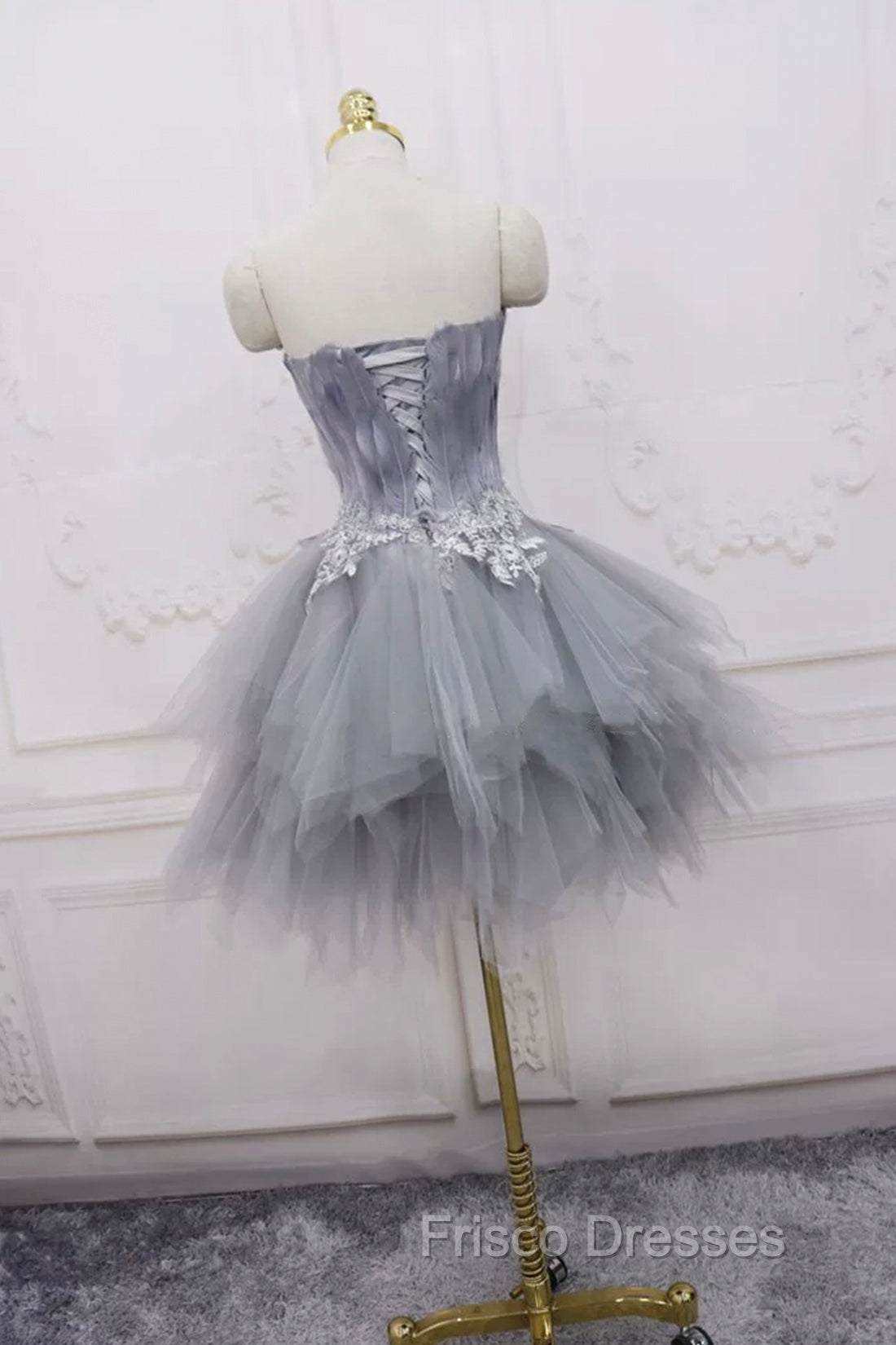 Gray Tulle Short Formal Prom Dress with Feather, Chic A-Line Strapless Party Dress Secondary image