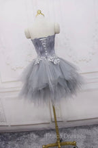 Gray Tulle Short Formal Prom Dress with Feather, Chic A-Line Strapless Party Dress