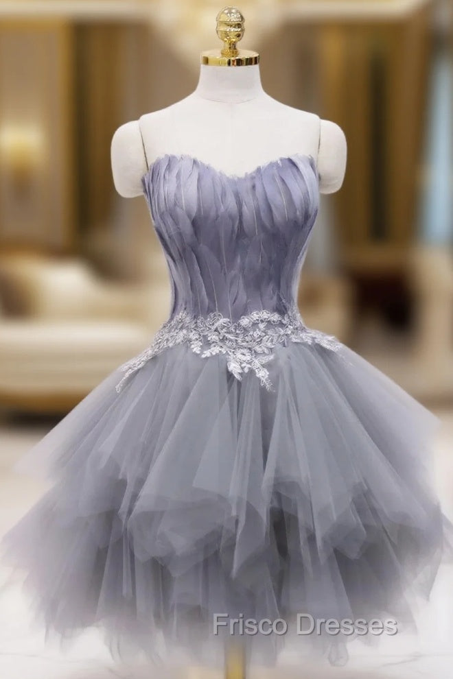 Gray Tulle Short Formal Prom Dress with Feather, Chic A-Line Strapless Party Dress Main image