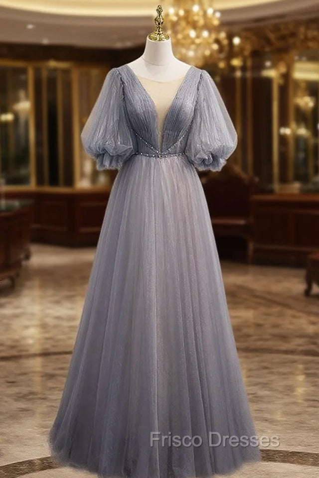 Gray Tulle Short Sleeve Pleats Beading Formal Prom Dress Main image