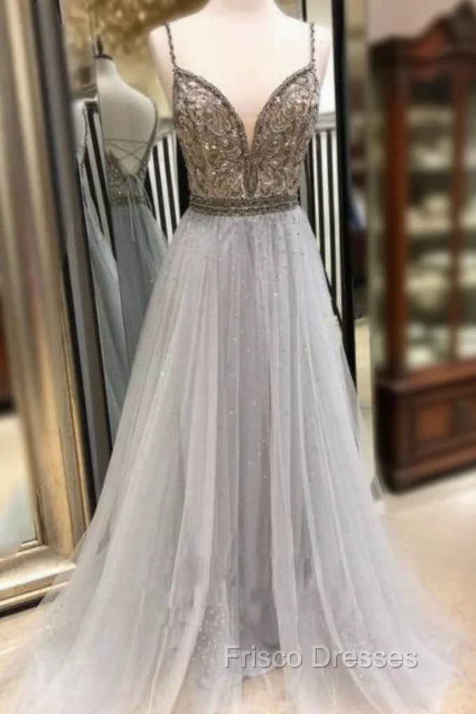 Gray Tulle Spaghetti Straps Backless Beading Sequins Formal Prom Dress