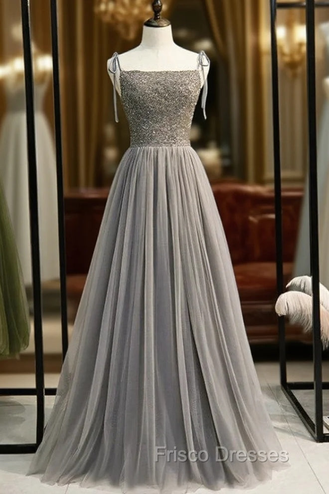 Gray Tulle Spaghetti Straps Beading Backless Formal Prom Dress