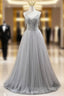 Gray Tulle Spaghetti Straps Beading Pearls Formal Prom Dress