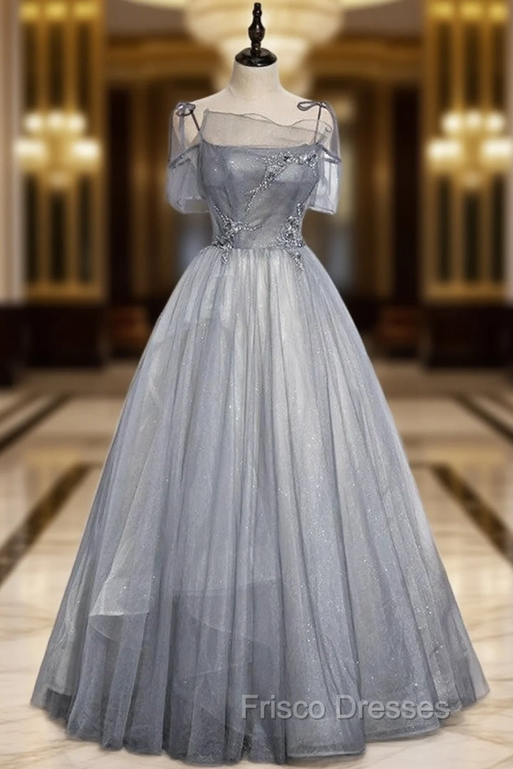 Gray Tulle Spaghetti Straps Beading Formal Prom Dress Main image