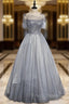 Gray Tulle Spaghetti Straps Beading Formal Prom Dress