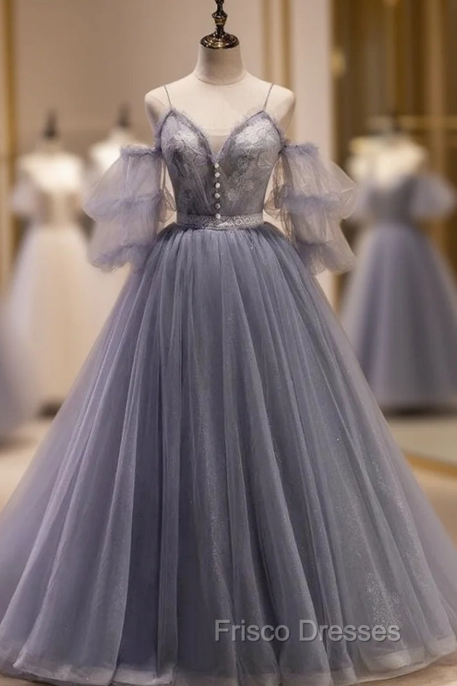 Gray Tulle Spaghetti Straps Button Formal Prom Dress