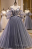 Gray Tulle Spaghetti Straps Button Formal Prom Dress