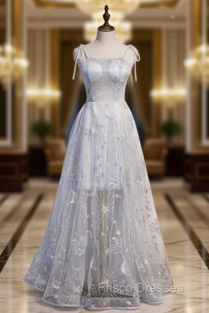 Gray Tulle Spaghetti Straps Embroidery Formal Prom Dress Main image