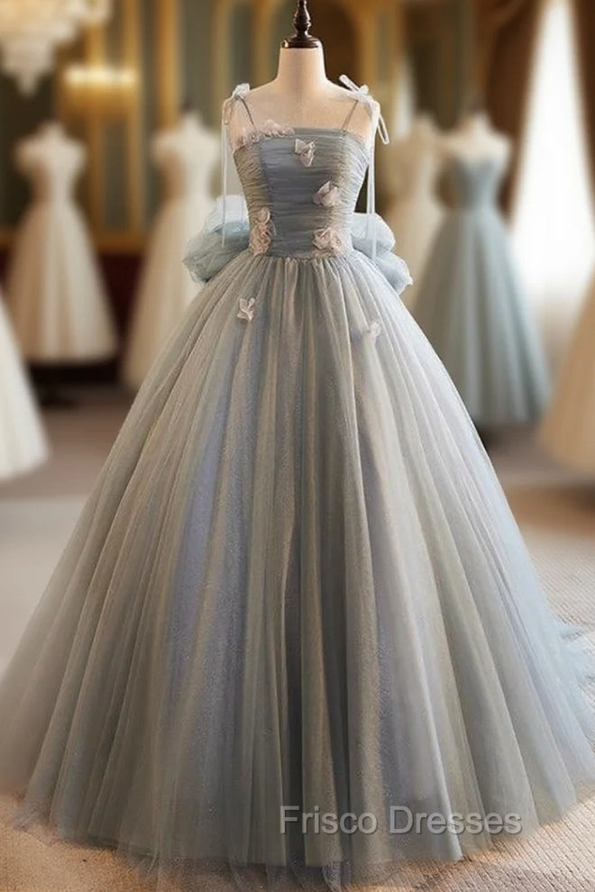 Gray Tulle Spaghetti Straps Flower Formal Prom Dress Main image