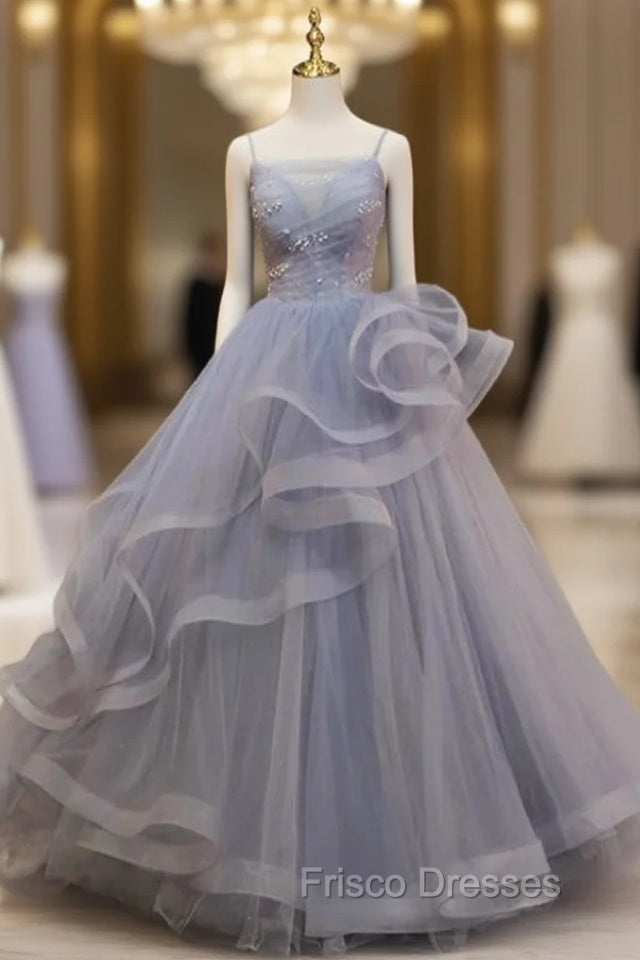 Gray Tulle Spaghetti Straps Pleats Pearls Formal Prom Dress Main image