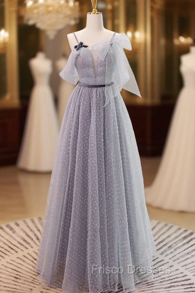 Gray Tulle Spaghetti Straps Pleats Formal Prom Dress