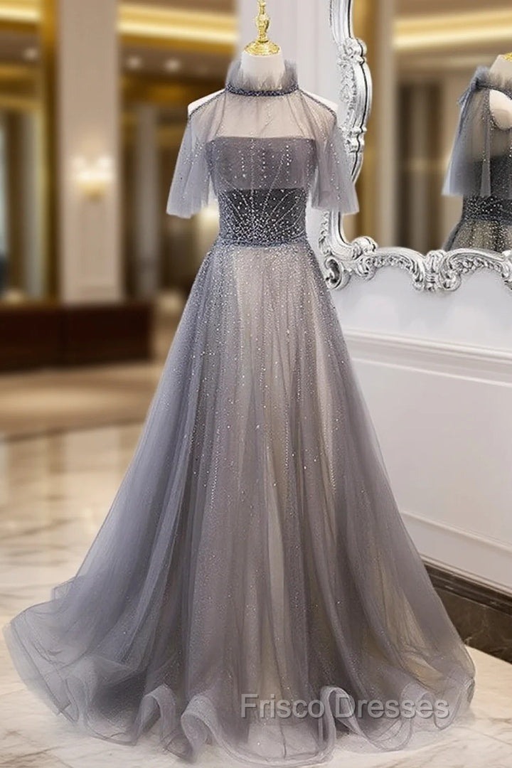 Gray Tulle Strapless Beading Formal Prom Dress With Shawl Main image