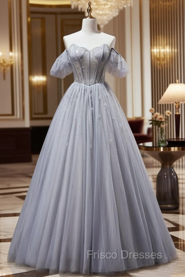 Gray Tulle Strapless Beading Formal Prom Dress