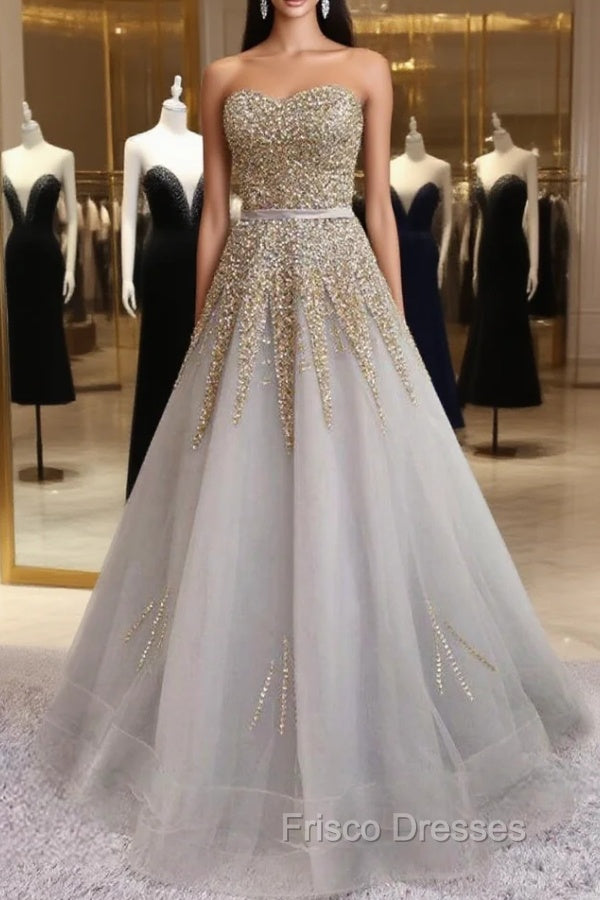 Gray Tulle Strapless Beading Sequins Formal Prom Dress Main image