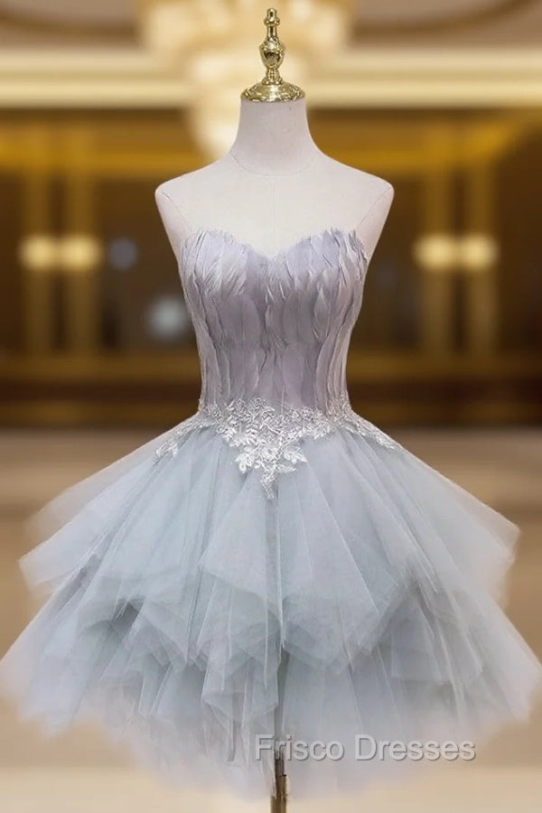 Gray Tulle Strapless Feather Appliques Homecoming Dress Main image