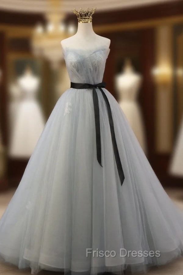 Gray Tulle Strapless Lace Pleats Formal Prom Dress Main image