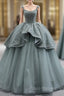 Gray Tulle Straps Beading Formal Prom Dress