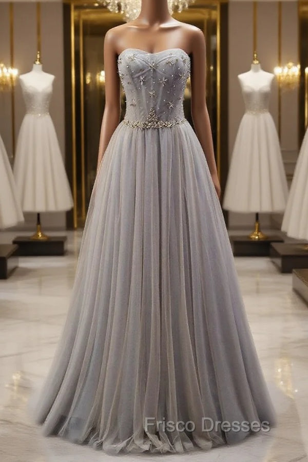 Gray Tulle Sweetheart Beading Formal Prom Dress