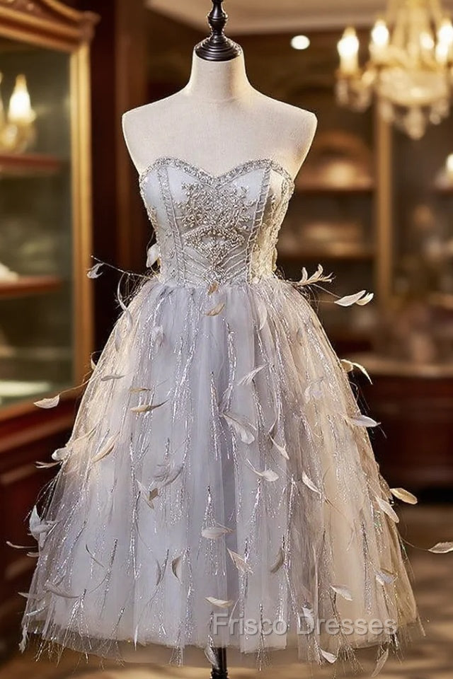 Gray Tulle Sweetheart Feather Bading Short Formal Prom Dress