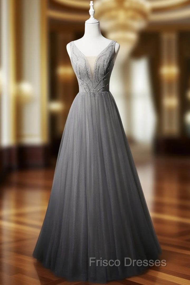 Gray Tulle V-neck Beading Formal Prom Dress Main image