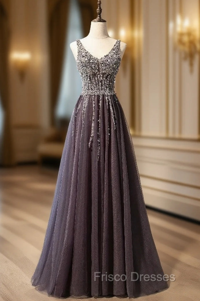 Gray Tulle V-neck Beading Sequins Formal Prom Dress Main image