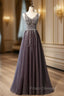 Gray Tulle V-neck Beading Sequins Formal Prom Dress