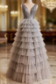 Gray Tulle V-neck Sequins Tiers Formal Prom Dress