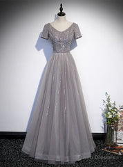 Gray Tulle V-neck Short Sleeve Beading Sequins Prom Dress