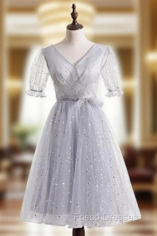 Gray Tulle V-neck Short Sleeve Formal Prom Dress
