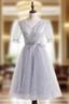 Gray Tulle V-neck Short Sleeve Formal Prom Dress