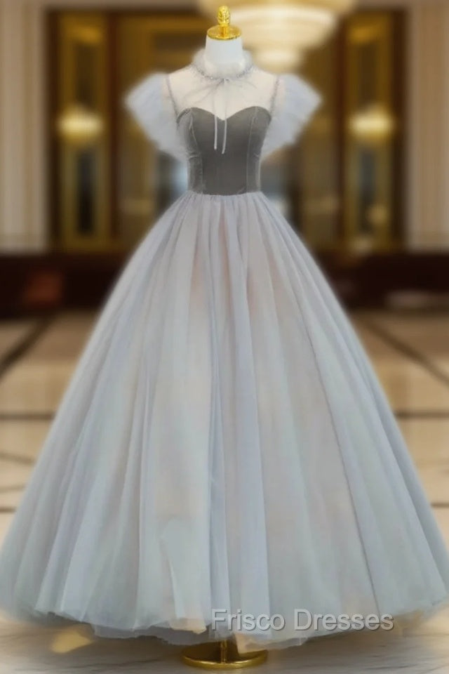 Gray Tulle Velvet Beading Formal Prom Dress Main image