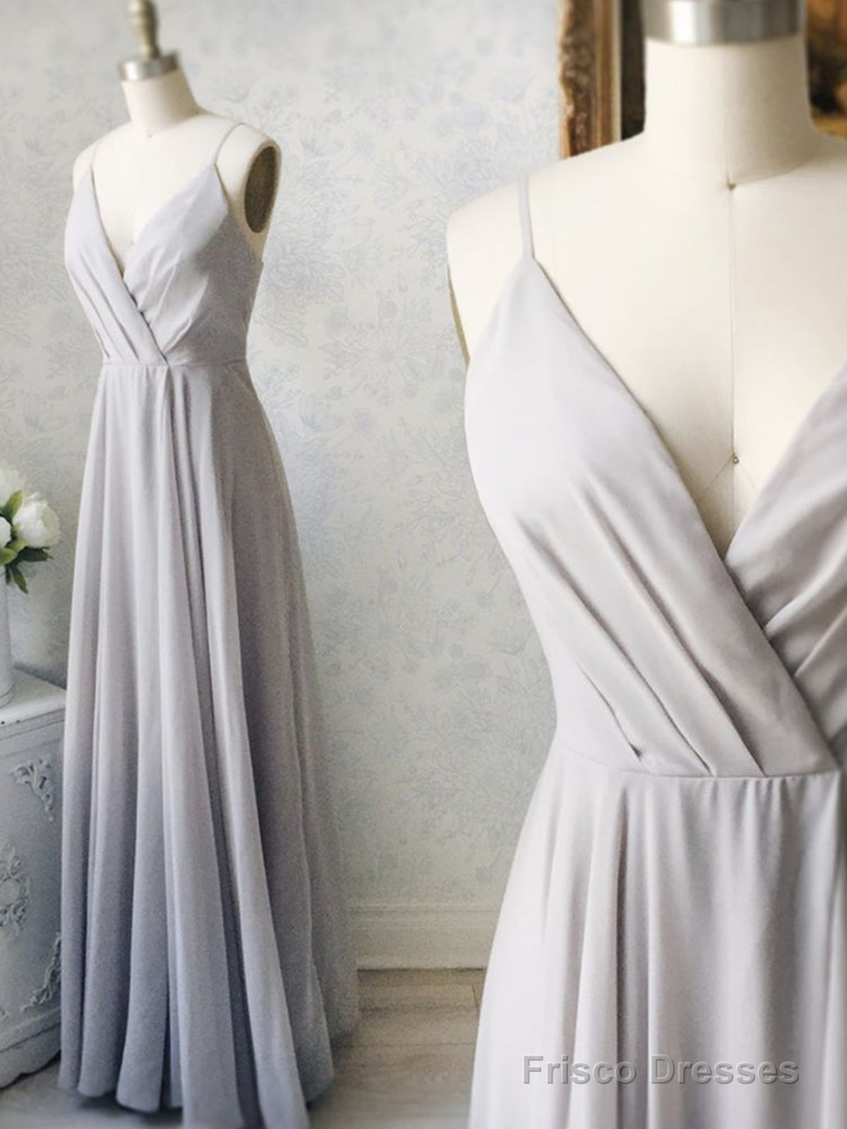 Gray V Neck Chiffon Long Prom Dresses, Gray V Neck Long Formal Bridesmaid Dresses Main image