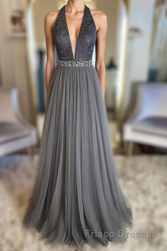 Gray v neck tulle beads long Formal Prom Dresses, gray tulle formal Dresses Main image