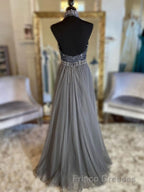 Gray v neck tulle beads long Formal Prom Dresses, gray tulle formal Dresses