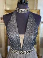 Gray v neck tulle beads long Formal Prom Dresses, gray tulle formal Dresses