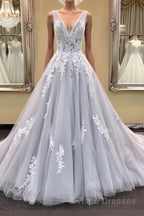 Gray v neck tulle lace applique long Formal Prom Dresses, gray evening Dresses