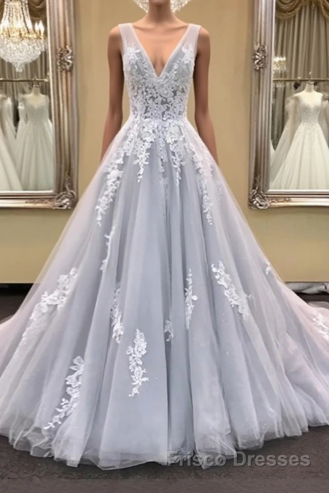 Gray v neck tulle lace applique long Formal Prom Dresses, gray evening Dresses
