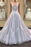 Gray v neck tulle lace applique long Formal Prom Dresses, gray evening Dresses