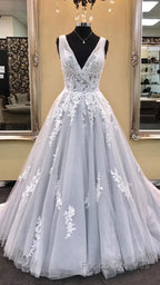 Gray v neck tulle lace applique long Formal Prom Dresses, gray evening Dresses