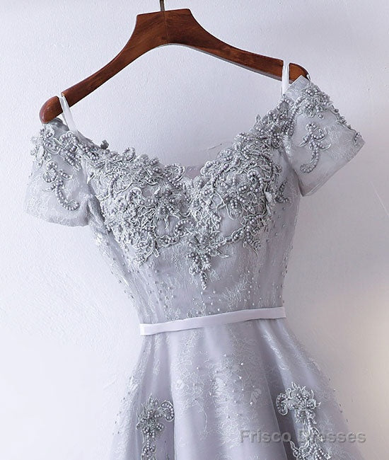 Gray V Neck Tulle Lace Applique Long Prom Dress, Lace Evening Dress Secondary image