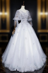 Gray V Neck Tulle Lace Long Formal Prom Dress, Gray Lace Evening Dress