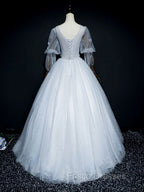 Gray V Neck Tulle Lace Long Formal Prom Dress, Gray Lace Evening Dress