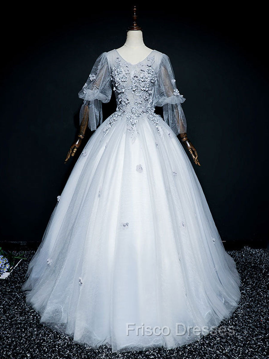 Gray V Neck Tulle Lace Long Formal Prom Dress, Gray Lace Evening Dress Secondary image