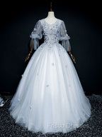 Gray V Neck Tulle Lace Long Formal Prom Dress, Gray Lace Evening Dress