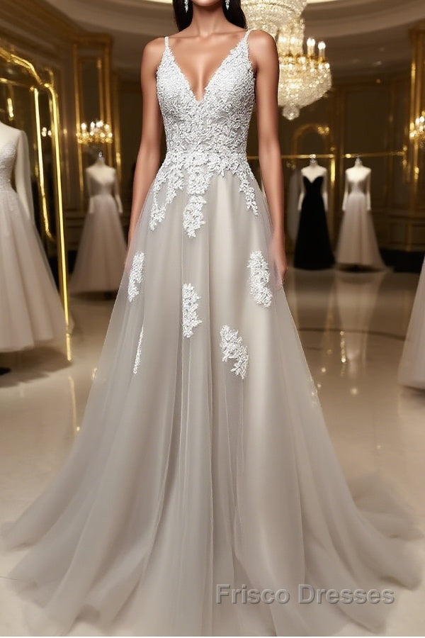 Gray v neck tulle lace long Formal Prom Dresses, gray tulle evening Dresses
