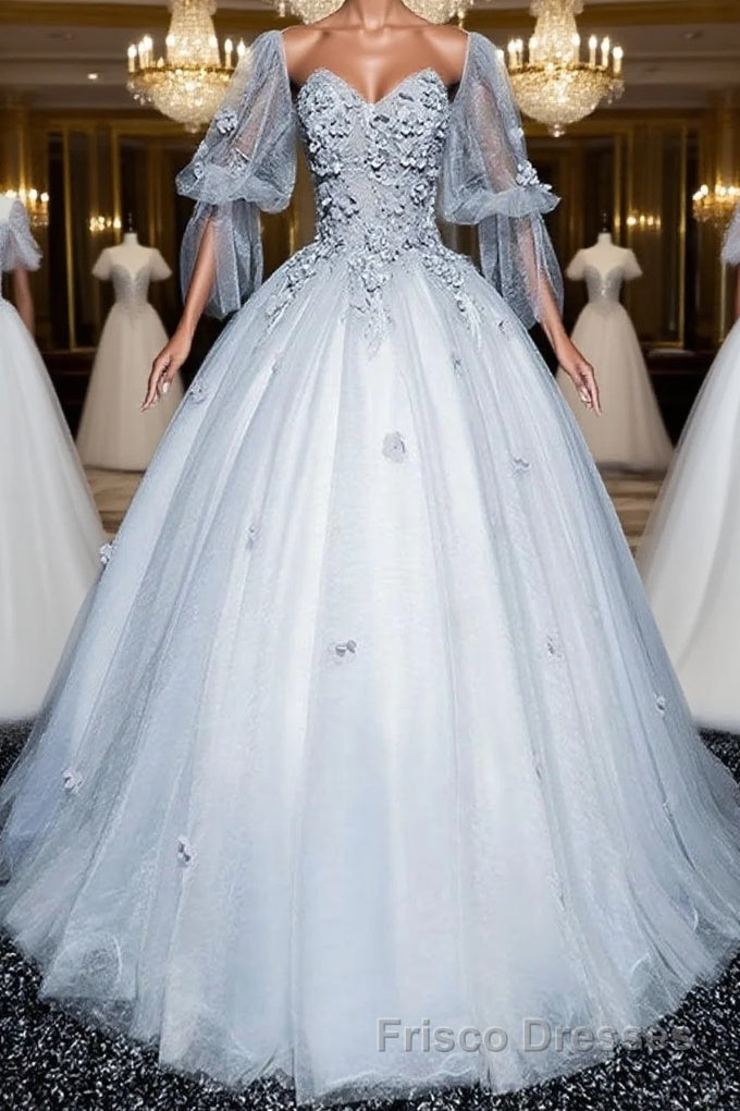 Gray v neck tulle lace long Formal Prom Dresses, gray tulle lace evening Dresses Main image