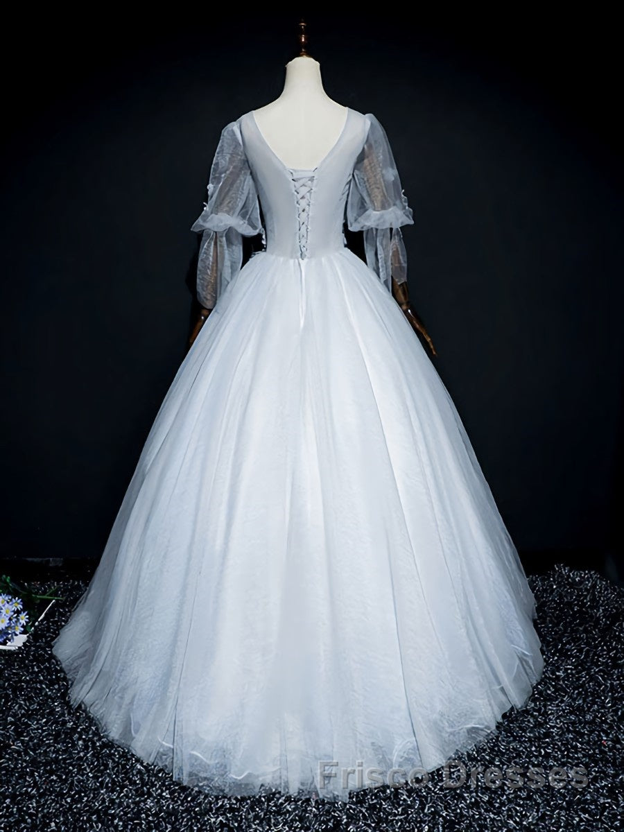 Gray v neck tulle lace long Formal Prom Dresses, gray tulle lace evening Dresses Secondary image