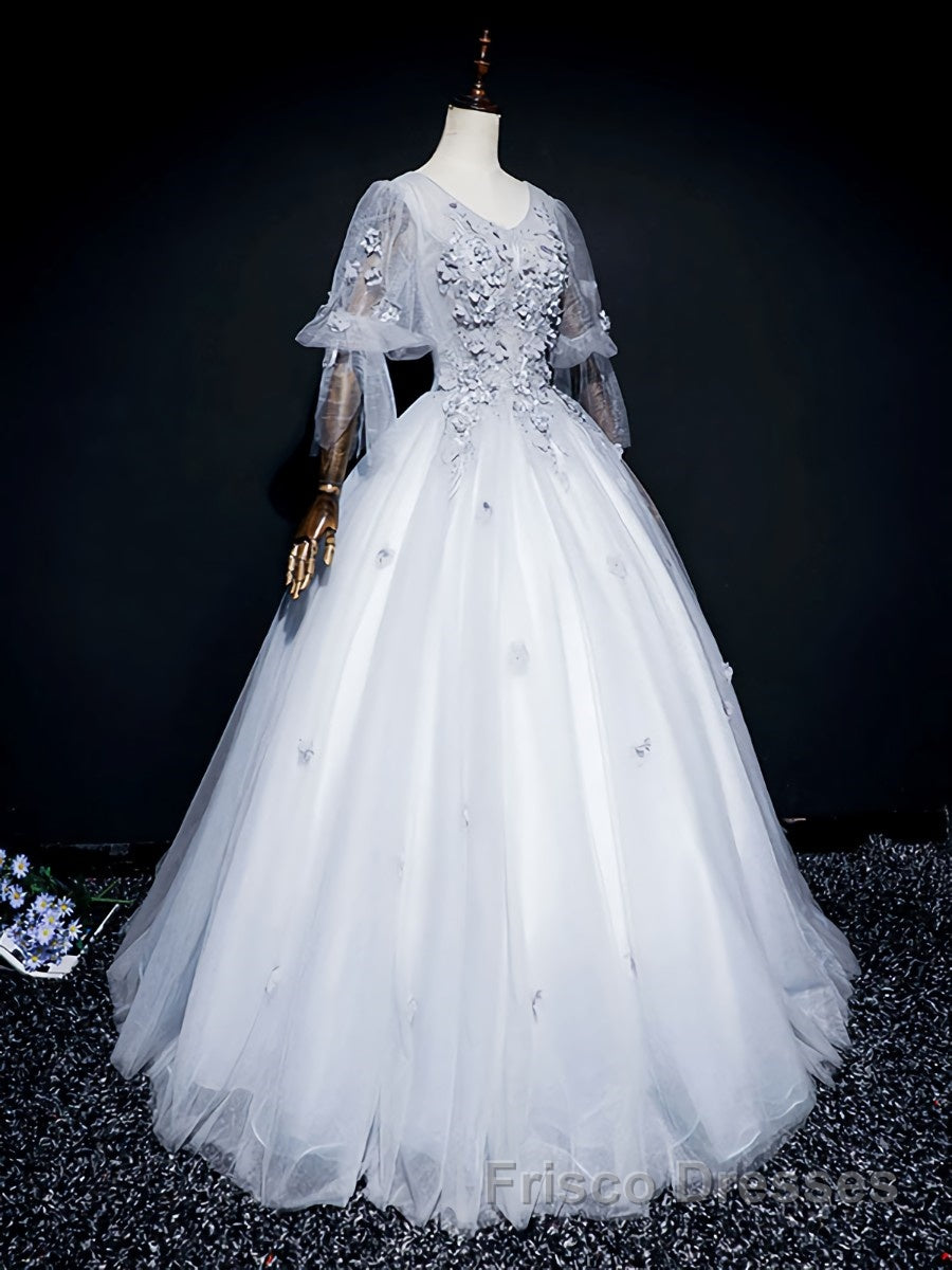 Gray v neck tulle lace long Formal Prom Dresses, gray tulle lace evening Dresses