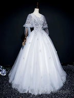 Gray v neck tulle lace long Formal Prom Dresses, gray tulle lace evening Dresses