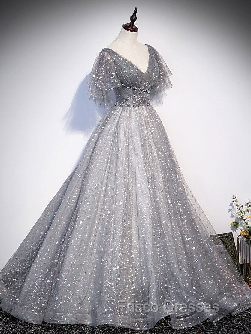 Gray V Neck Tulle Long Formal Prom Dress, Gray Tulle Sequin Evening Dress Secondary image